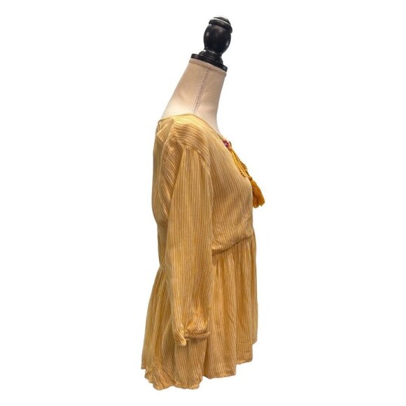 StudioWest Apparel Boho Smock Top  L Yellow‎ Stripes Embroidered Mirrors Tassels - Picture 9 of 12